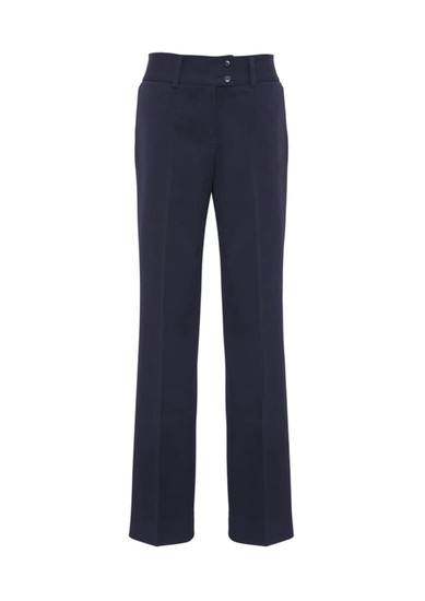 A pair of black slacks with a smooth finish and two front buttons. Features a tailored fit and straight leg design.
