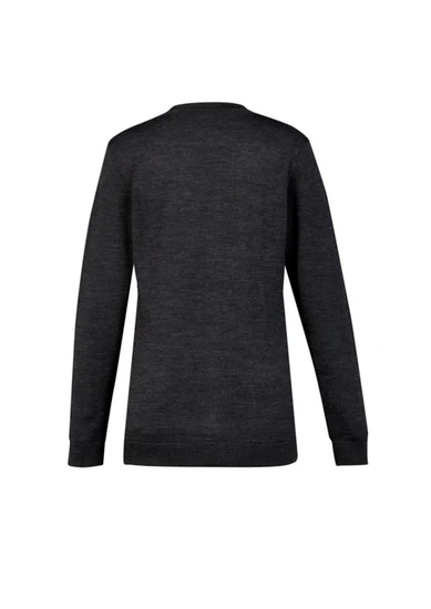 A dark grey women's button front knit cardigan with long sleeves and a rounded neckline. The back view shows a simple design.