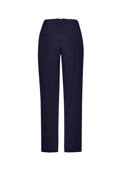 A pair of navy straight leg pants featuring a comfort waist and a simple design, with back pockets and a brand logo.