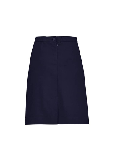 A navy cargo skirt with a waistband and front button closure, featuring a simple design and straight silhouette.