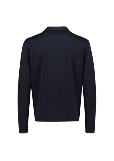 A dark navy zip front jumper featuring a simple design and a collar, displaying a logo on the back.
