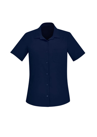 A short sleeve women's shirt in navy blue with a collar and a front pocket. It features buttons and has a logo.