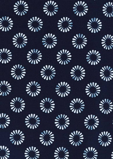 A navy button-up shirt featuring a white daisy print pattern, with a subtle branding logo.