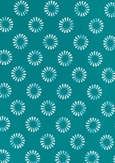 A teal fabric featuring a white daisy print pattern, with various floral designs evenly spaced throughout.
