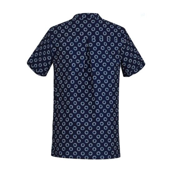 A navy tunic featuring a white daisy print, with a classic collar and short sleeves. It has a back yoke and a logo.