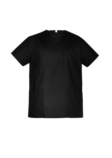 A black unisex scrub top with a V-neck, short sleeves, and pockets. It features a logo on the chest area.