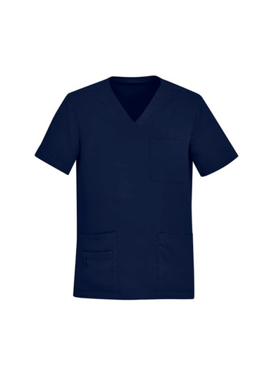 A navy men's V-neck scrub top featuring multiple pocket styling and a logo.