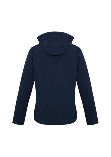 A navy blue women's soft shell jacket featuring a hood and a logo on the sleeve.