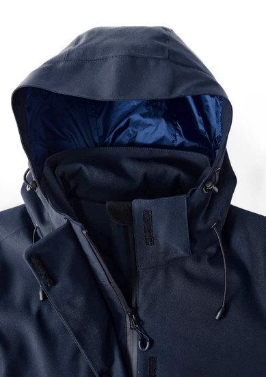 A navy blue men's rain jacket featuring a hood and a lined interior, including a branding logo.