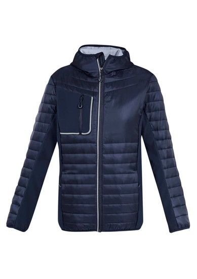 A navy unisex patrol jacket featuring a zip-up front and a chest pocket, with a contrasting grey lining.