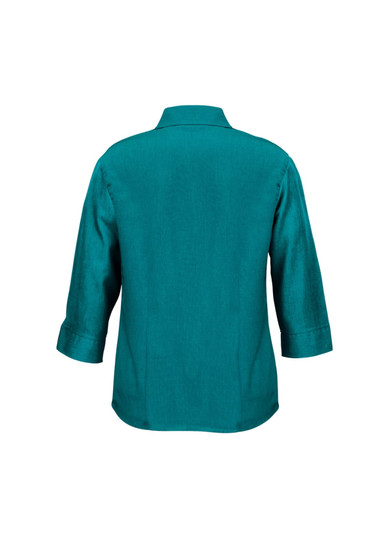 A teal women's 3/4 sleeve shirt with a collar and buttoned cuffs, featuring a logo on the back.