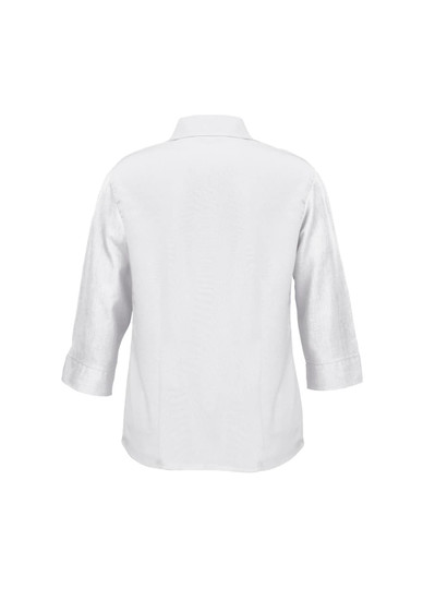 A white women's shirt with 3/4 sleeves and a collar, featuring a logo on the back.
