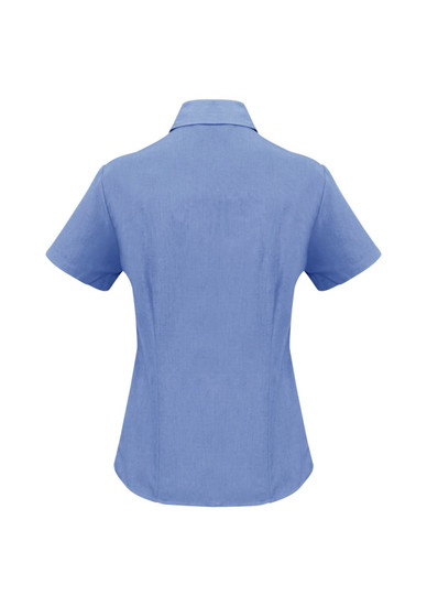 A short-sleeve blue button-up shirt with a fitted design, featuring a collar and a logo.