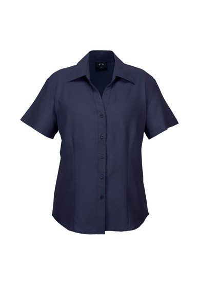 A short-sleeve, button-up women's shirt in navy blue, featuring a sleek design and a logo on the label.