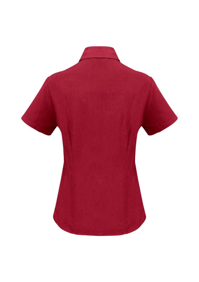 A short sleeve button-up shirt in a rich burgundy colour, featuring a classic collar and a fitted style.