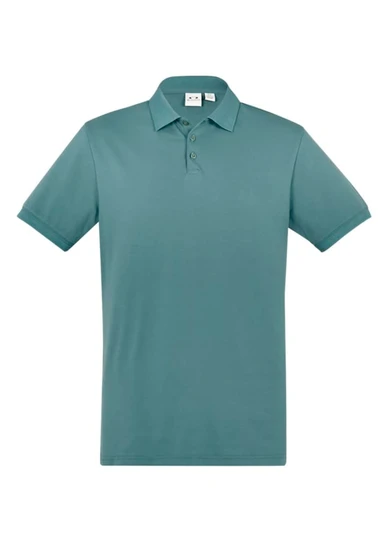 A green short sleeve polo shirt with a collar and three buttons, featuring a logo on the chest area.