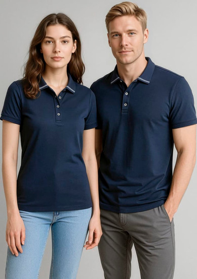 Two models wear navy short sleeve polos, featuring contrasting collars and a simple logo on the left chest.