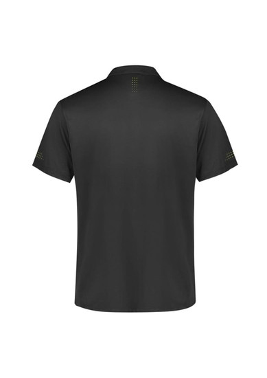 A black short sleeve polo shirt featuring a logo and dotted design on the back and sleeves.