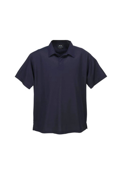 A navy blue short sleeve polo shirt with a collar and a logo, featuring a micro waffle texture.
