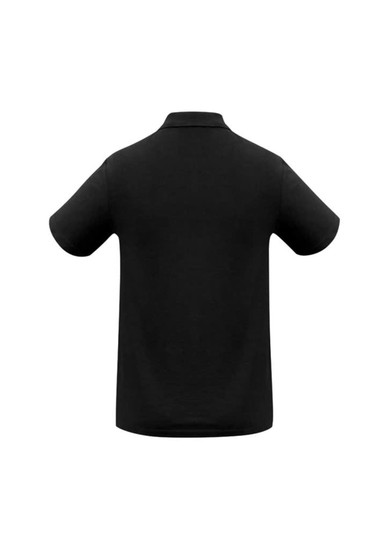 A black men's polo shirt featuring a collar and short sleeves, with a logo present on the garment.
