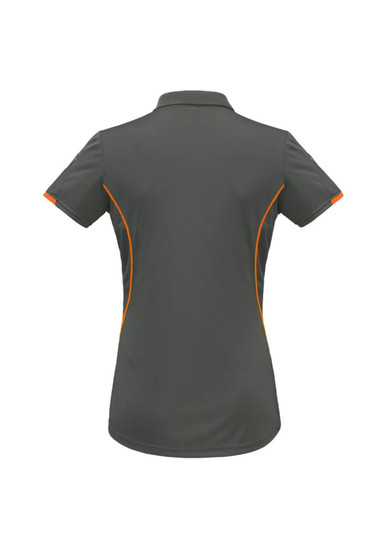 A women's short sleeve polo shirt in grey with orange detailing and a logo. The back view displays a streamlined design.