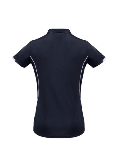 A women's short sleeve polo shirt in navy blue with contrast detailing and a logo on the left side.
