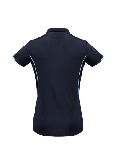 A navy women's short sleeve polo shirt with light blue accents and a logo on the back.