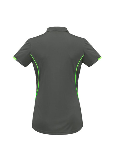 A women's short sleeve polo shirt in grey with green accents and a logo on the back.