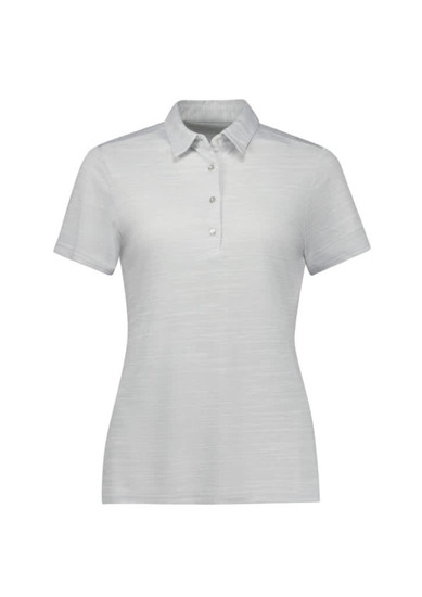 A women's short sleeve polo in a light grey colour with a button-up collar and a logo.