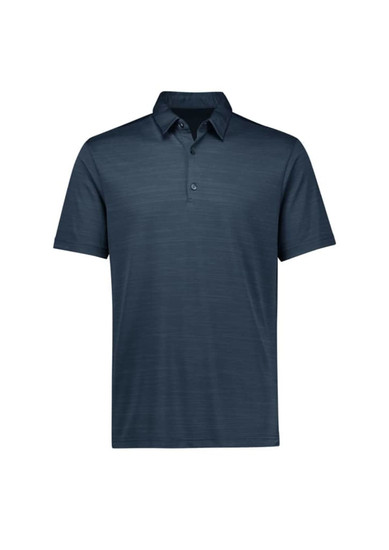A short sleeve polo shirt in a dark blue shade with a subtle striped pattern and a collar. Features a logo.
