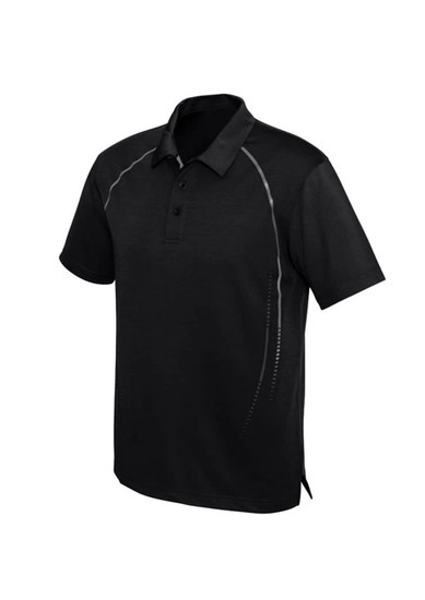 A black short sleeve polo shirt featuring a subtle design and a logo on the front.