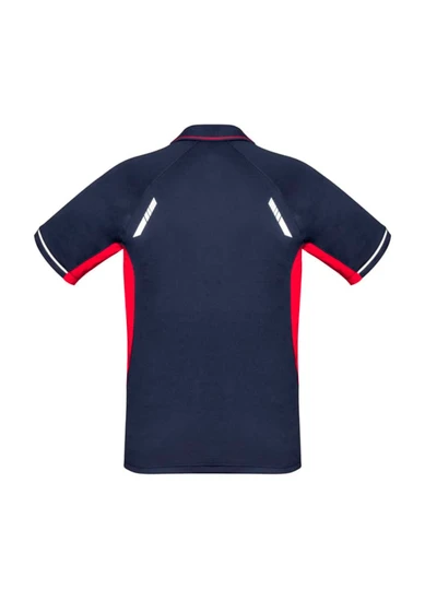 A navy and red short sleeve polo shirt with reflective detailing and a logo on the back.