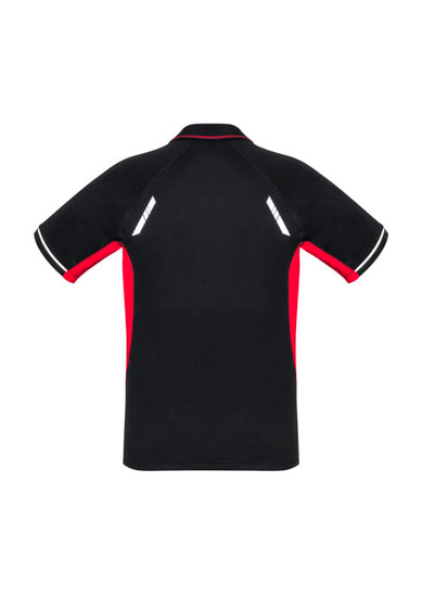 A black and red men's short sleeve polo shirt featuring a logo and reflective details on the back.
