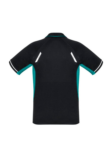 A black and teal short sleeve polo shirt featuring reflective detailing and a logo on the back.