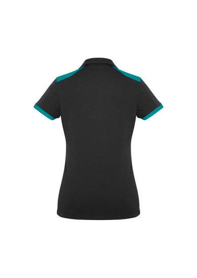 A black women's polo shirt featuring turquoise accents on the collar and sleeves, with a logo on the back.