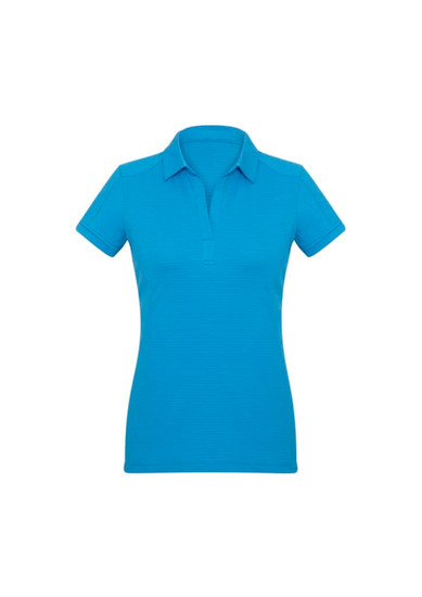 A women's short sleeve polo shirt in a vibrant blue colour, featuring a collar and a logo.