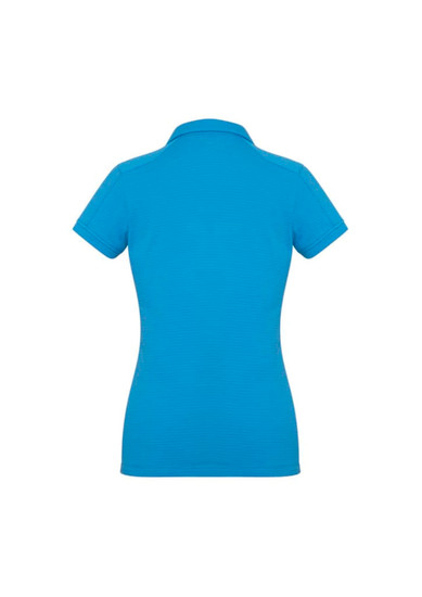 A women's short sleeve polo shirt in a bright blue colour featuring a subtle ribbed texture and a branded logo.