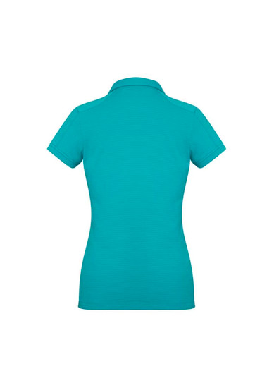 A women's short sleeve polo shirt in turquoise with a fitted design and a collar, featuring a branding logo.