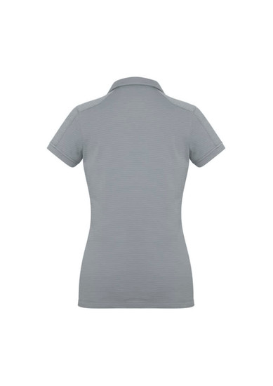 A women's short sleeve polo shirt in grey, featuring a fitted design and a collar. It has a branding logo.