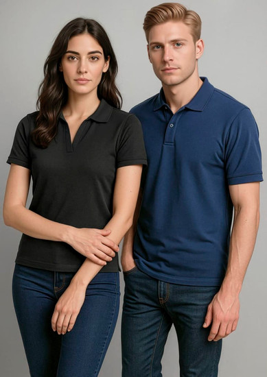 A black women's polo shirt and a navy men's polo shirt displayed on models standing side by side.