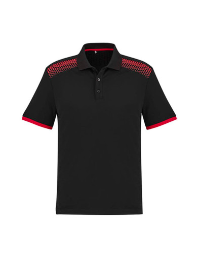 A black short sleeve polo shirt featuring red accents and a checkered pattern on the shoulders. It has a logo.