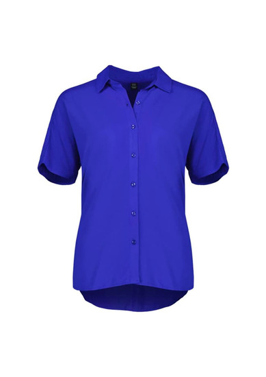 A women's short sleeve blouse in bright blue, featuring a button-up front and a collar. It has a logo.
