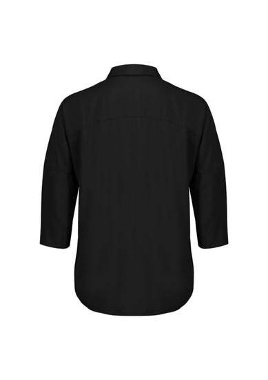A black 3/4 sleeve blouse with a collar, featuring a back yoke detail and a loose fit. It has a simple design with no visible branding.