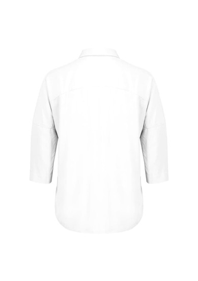 A white women's blouse with 3/4 sleeves and a back yoke detail, featuring a subtle logo.