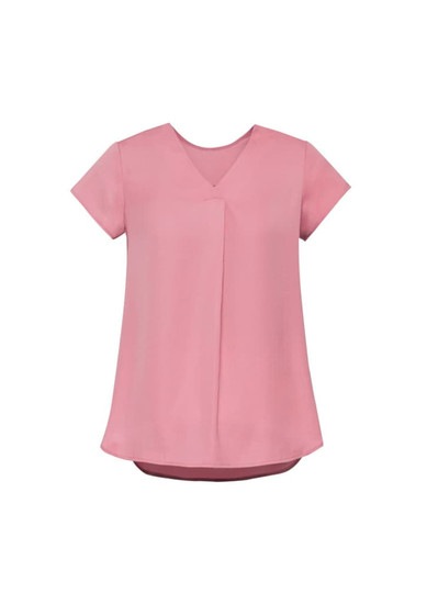 A pink women's V-neck blouse with short sleeves and a pleat detail, featuring a simple, elegant design.