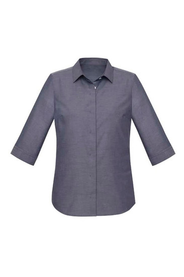 A grey women's button-up shirt with a 3/4 sleeve design and a collar, featuring a logo on the side.