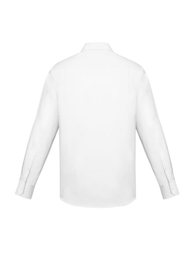 A white long sleeve button-up shirt with a classic fit, featuring a back view and button cuffs.