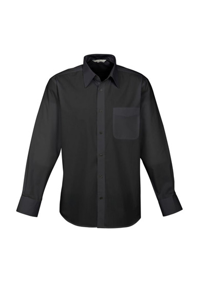 A black long sleeve button-up shirt with a chest pocket and a collar. It features a logo on the label.
