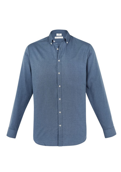 A blue long sleeve button-up shirt with a collar and a logo on the chest.