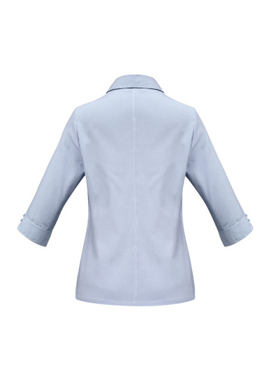 A light blue women's button-up shirt with 3/4 sleeves and a collar, featuring a logo on the back.
